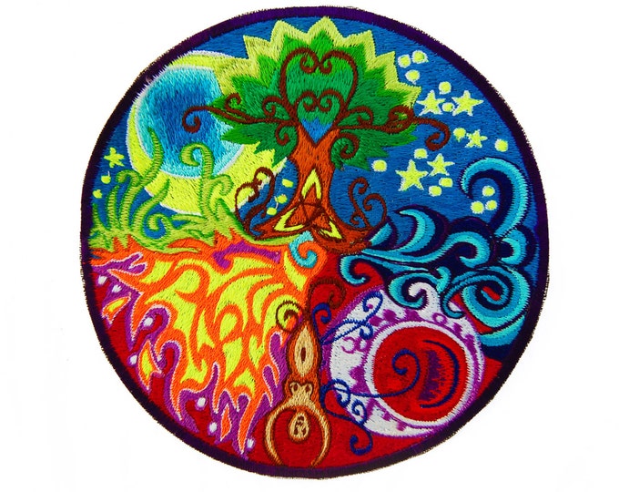 Gaia Mandala Patch Beautiful Tree Embroidery Art Fire Spirit Divine Wind Sacred Moon and Mother of Life Cosmic Creation of Existence