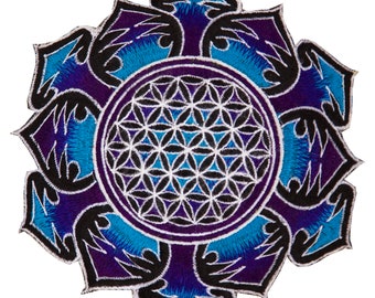 Blue white Flower of Life embroidery patch for sew on - holy geometry sacred healing energy art