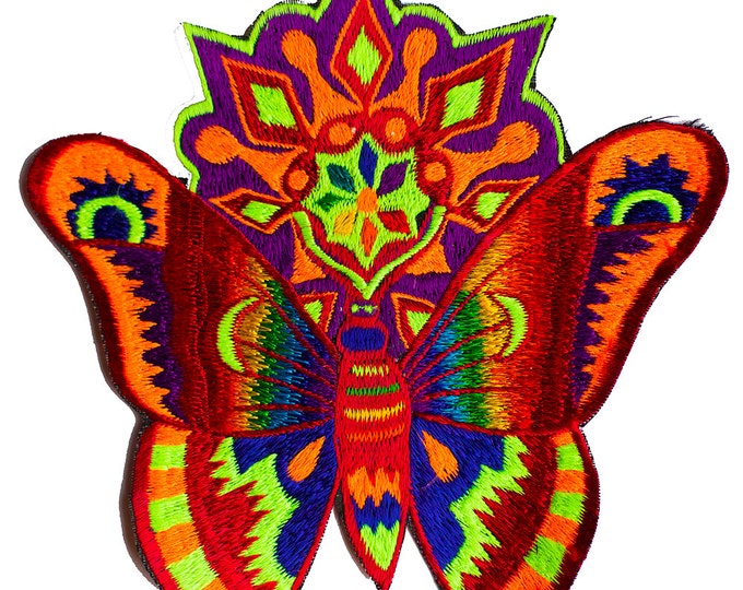 Huichol butterfly patch medium size moon candle rainbow blacklight active psychedelic colours