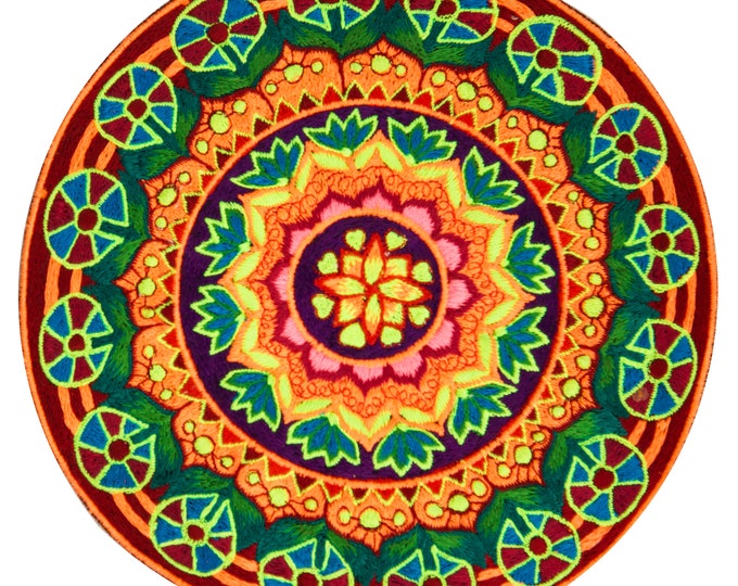 Psychedelic Sun mandala embroidery patch artwork blacklight glowing high detail beautiful colors