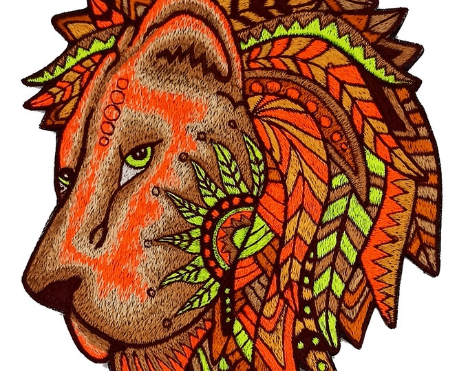 Beautiful Lion UV Patch with blacklight glowing colors - Animal Embroidery neon shining beautiful and proud king of the animals spirit