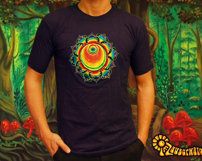 The Angel crop circle T-Shirt rainbow mandala blacklight handmade embroidery no print goa t-shirt