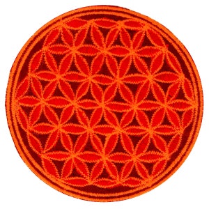 May include: Circular patch with a vibrant orange and red floral design, featuring a detailed embroidered pattern. The patch has a dark red border with orange stitching, creating a striking contrast. The central design is a repeating geometric pattern.