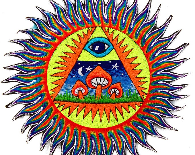 Allseeing Mushrooms Patch fire mandala psychedelic psilocybin shroom illuminati free masons psilos