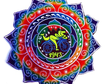 Fractal LSD mandala T-Shirt - rainbow Hofmann Bicycle Day mandala blacklight handmade embroidery no print goa t-shirt