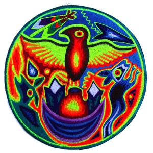 Bordado Artesanal Huichol Águia UV — Patch Xamânico Peyote Psicodélico | Arte Visionária Tribal Goa Trance Festival México