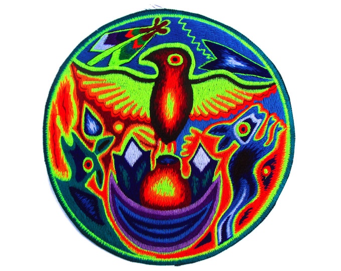 Huichol Peyote Embroidery Shamanic Art Eagle Bird patch indigene mescaline Masterpiece blacklight glowing beauty UV active Magic Cactus