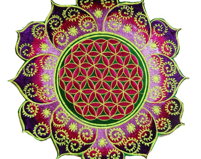 Green Purple Flower of Life holy geometry patch fractal mandala sacred geometry embroidery art for sew on