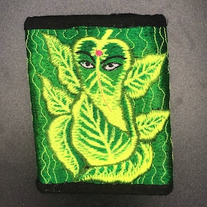 Green Ganesha moneypocket blacklight glowing wallet pocket for coins and cards and 2 for papermoney with hook & loop handmade embroidery image 2