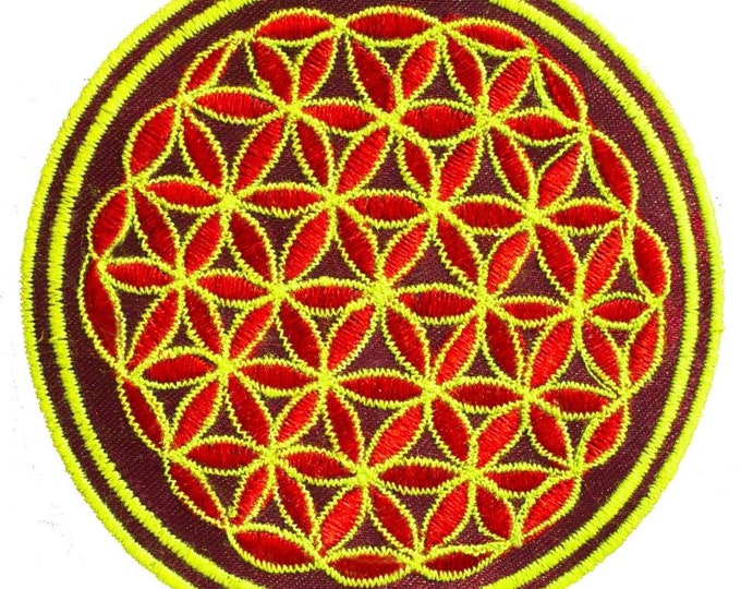 red flower of life patch small size embroidery application for sew on with blacklight glowing lines