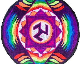 Antakarana Tribal Triskelion Rainbow Mandala - handmade psychedelic 7 inch embroidery patch sun wheel ancient symbol