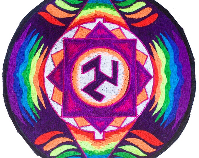 Antakarana Tribal Triskelion Rainbow Mandala - handmade psychedelic 7 inch embroidery patch sun wheel ancient symbol