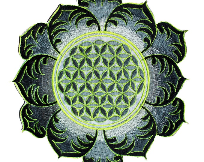 White UV yellow Flower of Life mandala holy geometry patch sacred geometry art for sew on