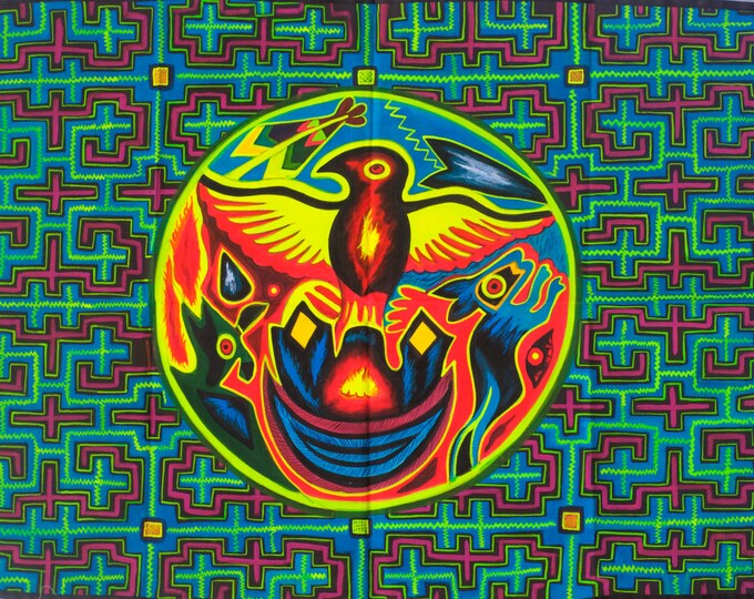 Huichol Eagle UV Painting - 90x60cm - handmade on order - fully blacklight glowing colors - peyote shaman visionary artwork