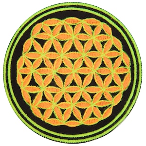 May include: Round embroidered patch featuring a geometric flower of life design. The patch has a black background with a neon green border and the flower of life design is in orange and neon green.