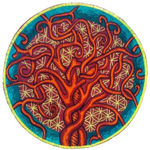May include: Embroidered patch featuring a stylized tree design. The tree is rendered in shades of orange and red, with intricate, swirling branches. The background is a deep burgundy with gold floral patterns, encircled by a teal border and a yellow trim. The patch is round.