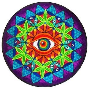 May include: Circular embroidered patch with a psychedelic design. The central eye is surrounded by cannabis leaves and geometric patterns. The patch features a purple background and a rainbow of colours, including green, blue, orange, and red.