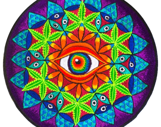 Cannabis Eye holy geometry mandala handmade embroidery patch 7.5 inch