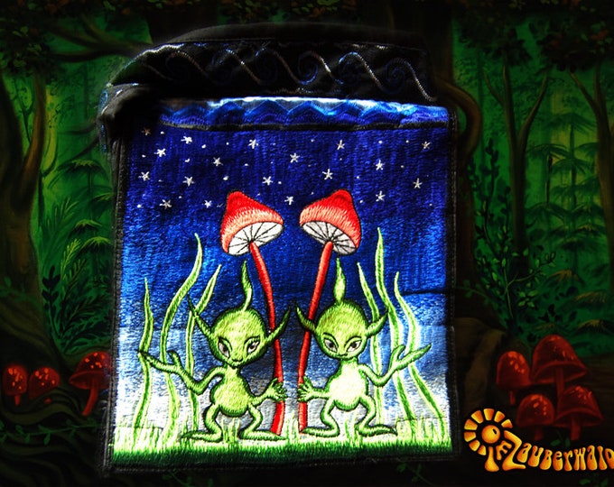 Alien Bag psychedelic shoulderbag goa trance embroidery magic mushroom aliens blacklight glowing