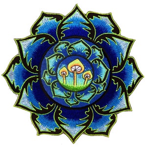May include: Embroidered patch featuring a blue lotus flower design with a central circle depicting three mushrooms. The patch has a black outline and a neon green border, creating a vibrant and detailed aesthetic.