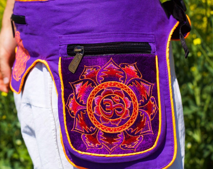 Beltbag Purple Aum - 7 pockets, strong ziplocks, size adjustable with hook & loop and clip - blacklight active lines flower of life