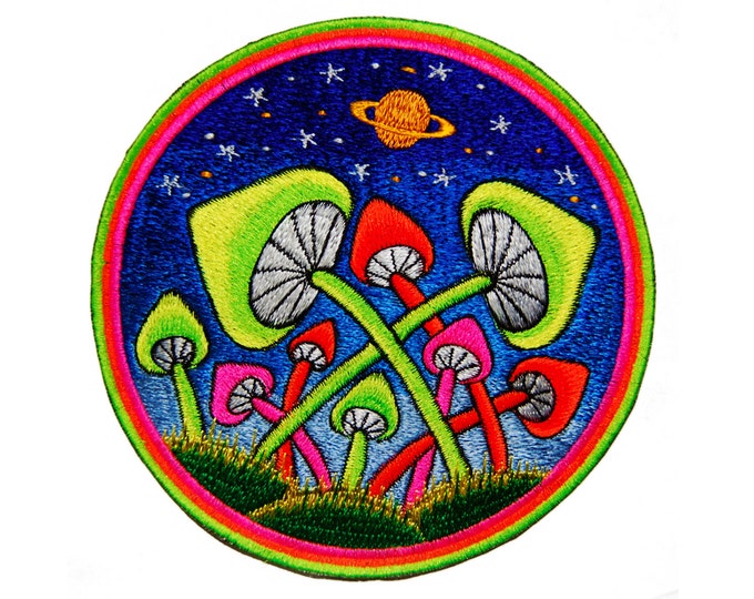 Glowing magic Mushrooms Patch Fully Blacklight Glowing Design Psychedelic Embroidery Psilocybin Shroom Psytrance Goatrance Culture McKenna