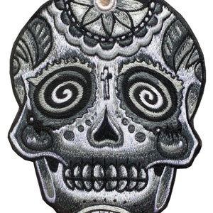 Totenkopf-Aufnäher Schwarzweiß | psychedelisch handgestickt Spiegelschädel | Grateful Dead Deadhead Goa Trance Hippie Stickerei