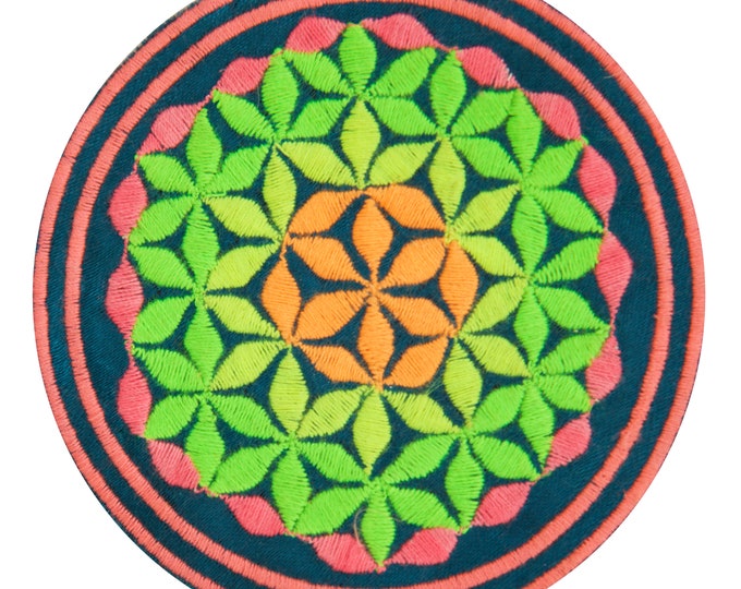 blacklight glowing turquese flower of life patch sacred geometry embroidery for sew on