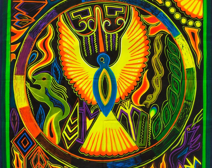 Huichol Peyote Eagle UV Painting - 100x100cm - fully blacklight glowing colors - huichol mescaline spirit artwork