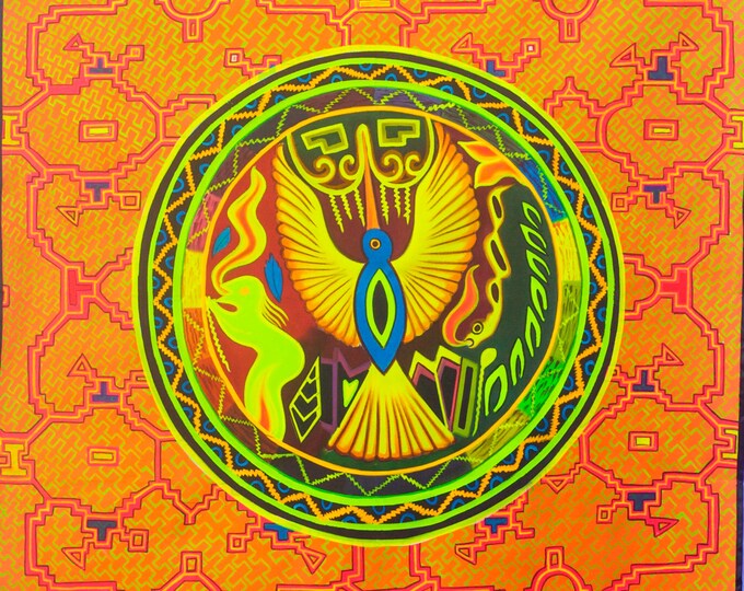Huichol Eagle visionary art - fully blacklight glowing colors - psychedelic UV painting shipibo conibo yage artwork