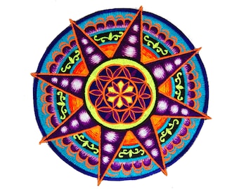 Seed of Life Patch – Sacred Geometry Mandala Patch – Purple Star Embroidery – Glowing UV Art