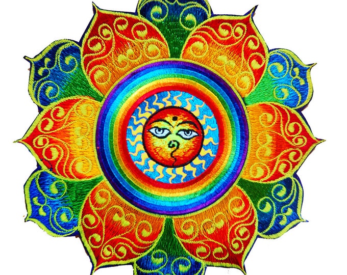 Rainbow Sun with Buddha Eyes colourful mandala patch buddhist yellow sun