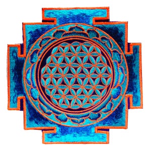 May include: Embroidered patch featuring a geometric design with a central flower of life pattern in orange, surrounded by a blue and teal background. The patch has a square shape with an orange border, suitable for clothing or accessories.