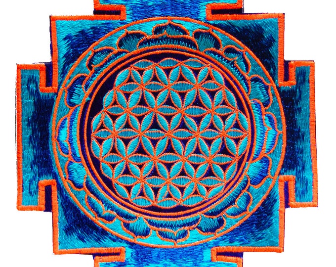 Blue UV Orange yantra flower of life sacred geometry goa patch holy healing information