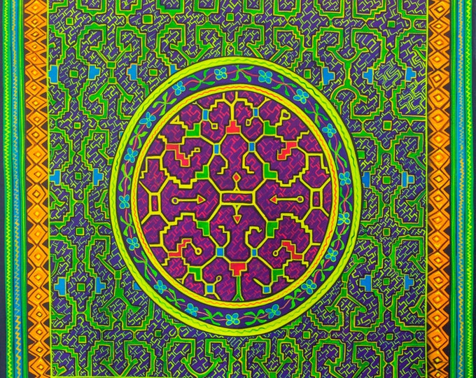 Shipibo Conibo Ayahuasca UV Painting- 100x100cm - fully blacklight glowing colors - psychedelic artwork