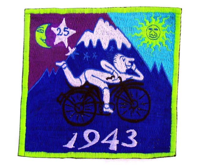 Blue Bicycle Day blacklight LSD Cult Patch Albert Hofmann 1943 Psychedelic Sunshine Acid Trip Hippie Visionary Drug Cosmic Healing Medicine