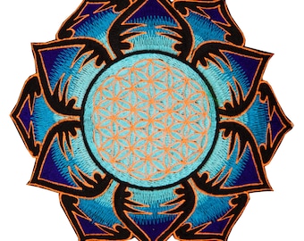 UV orange lightblue Flower of Life embroidery for sew on - holy geometry sacred blacklight glowing patch