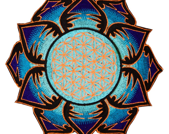 UV orange lightblue Flower of Life embroidery for sew on - holy geometry sacred blacklight glowing patch