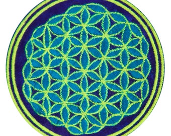 blue flower of life patch small size handmade embroidery sacred geometry in many colour variations
