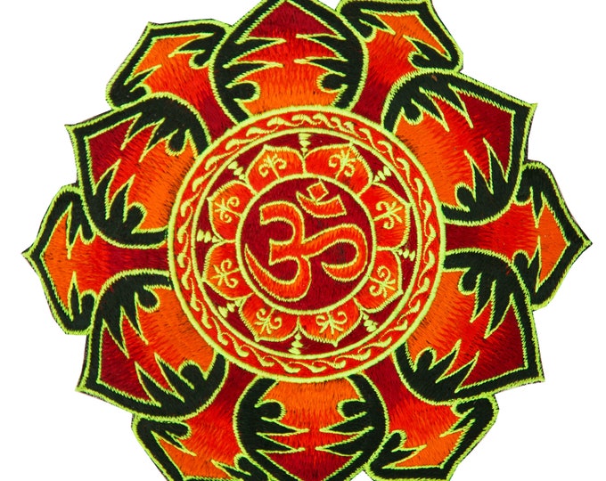 Red flower Aum Mandala patch goa embroidery blacklight glowing cosmic music art