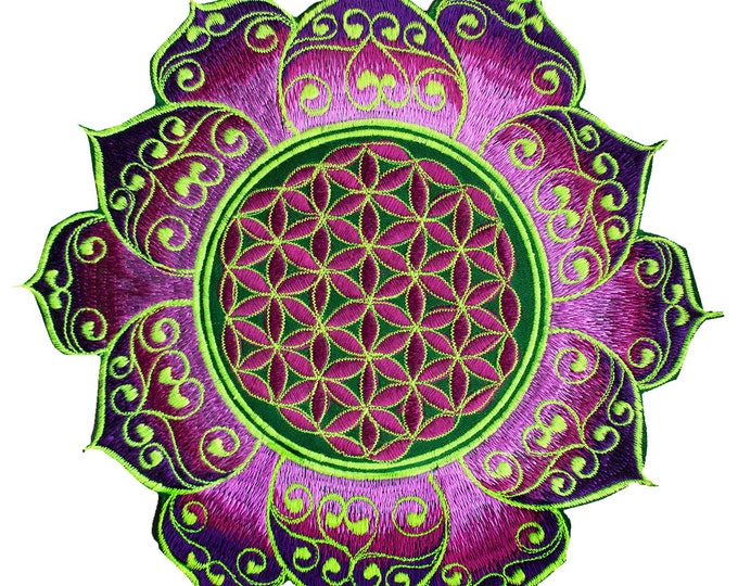 Green Purple Flower of Life holy geometry patch celtic mandala sacred geometry embroidery art for sew on