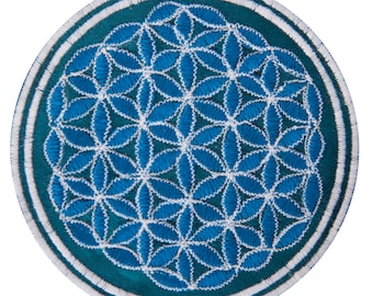 Turquese white flower of life patch sacred geometry embroidery for sew on