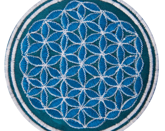 Turquese white flower of life patch sacred geometry embroidery for sew on