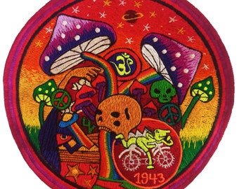 Bicycleday Rainbow Mushroom Skull blacklight embroidery psychedelic patch LSD psy skull magic mushrooms psilos psilocybin goa trance AUM