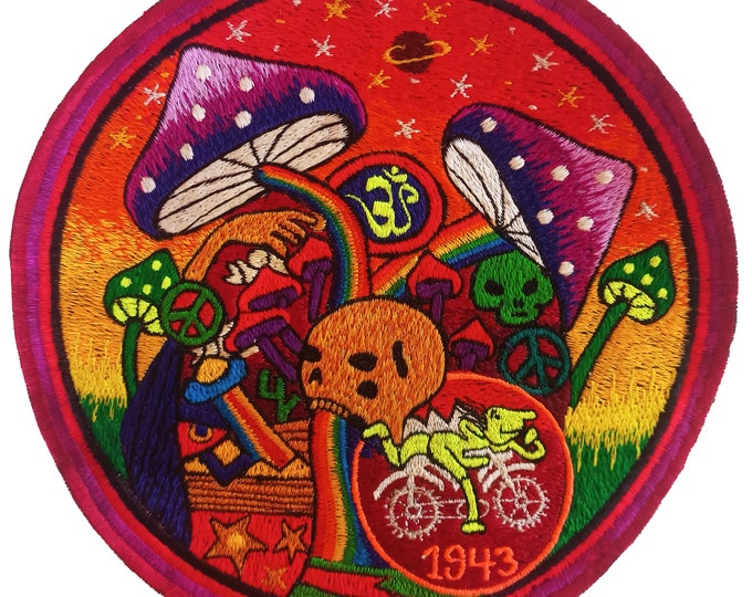 Bicycleday Rainbow Mushroom Skull blacklight embroidery psychedelic patch LSD psy skull magic mushrooms psilos psilocybin goa trance AUM