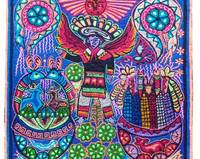 Huichol Shaman embroidery art magic cactus ceremony artwork mescaline blacklight glowing psychedelic indigene decoration UV active shining