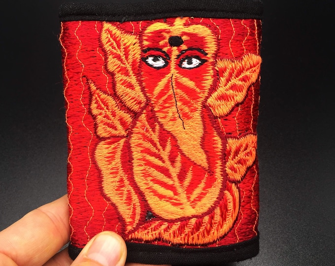 Red Ganesha moneypocket - blacklight glowing wallet pocket for coins and cards and 2 for papermoney with hook & loop handmade embroidery