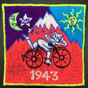 Pequeño día de la bicicleta rosa Albert Hofmann 1943 Parche de LSD Viaje psicodélico Droga hippie Timothy Leary Psicoterapia Medicina de sanación divina