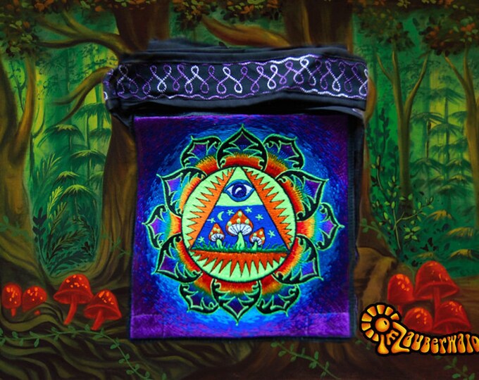 Allseeing Shrooms Bag psychedelic shoulderbag goa trance embroidery consciousness eye rainbow mandala blacklight glowing