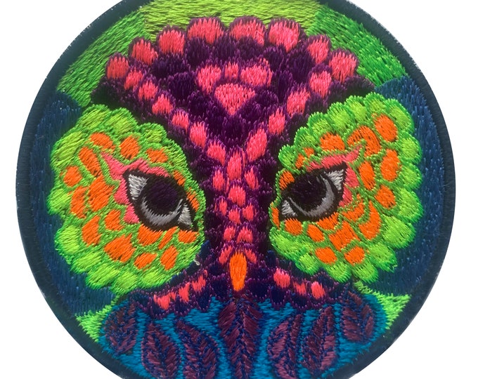 psychedelic Owl embroidery patch - blacklight glowing UV colors - beautiful owl which looks like a tree from the magic forest